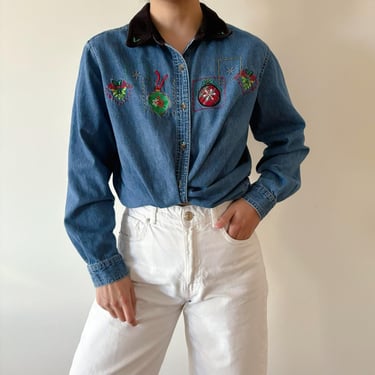 vintage blouse Christmas shirt button down denim shirt 90s retro indigo vintage shirt vintage top gift holiday embroidered blouse size L 