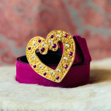 1990s SUPER EXPRESS Gold Rhinestone Heart Buckle Belt / Vintage Purple Suede Statement Belt / Designer Genuine Leather Belt / Women's M - L 
