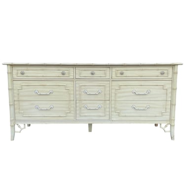 Vintage Faux Bamboo Dresser with 9 Drawers by Thomasville Allegro -  Creamy White Hollywood Regency Chinoiserie Fretwork Coastal Credenza 