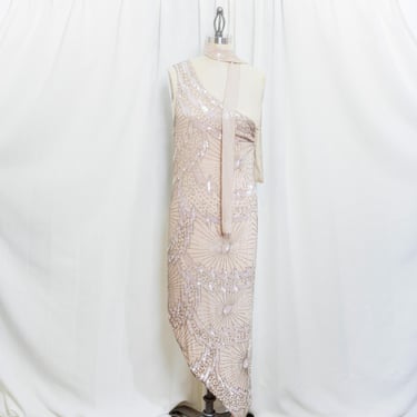 80s Blush Beaded One Shoulder Evening Dress Vintage 1980s Art Deco Sequin Bridal Reception Cocktail Dress 