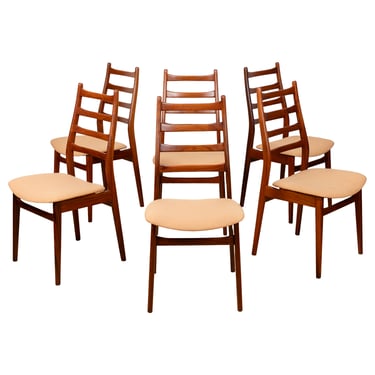 Set of 6 Scandinavian Modern Ladder Back Rosewood Dining Chairs w/ New Upholstery