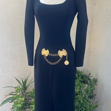 Vintage 90s glamorous dress black knit gold attached belt sz 8 Joseph Ribkoff 