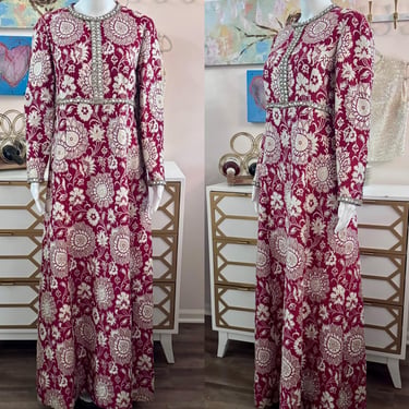 1970’s Adele Simpson Burgundy & Gold Brocade Dress with Rhinestone Detailing 