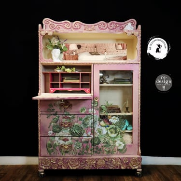 French Country Armoire – Pink, Gold & White Shimmer Tallboy Wardrobe | Hand-Painted Romantic Vintage Dresser 