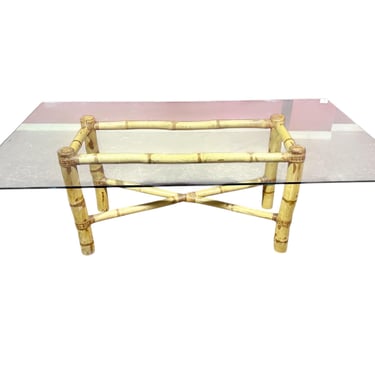 Vintage Elephant Bamboo Rattan Glass Top Dining Table 