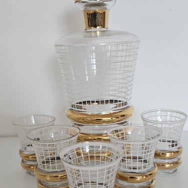 Vintage Mid-Century Modern Deconter Set,Moser Bohemia Gold Band Liquor Carafes&5 Shot Glasses,Hollywood Regency Barware,1950s/60s Bare Cart 