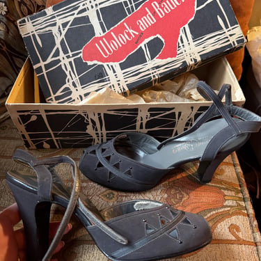 Vintage 1940s Grey Suede Pin Up High Heels in Original Box ~ Size 5 1/2 