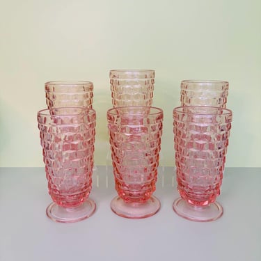 Indiana Glass Whitehall Pink Footed Tumblers | Set of 6 Vintage Cube Pattern Iced Tea Glasses | Mid Century Barware Peach Glassware 