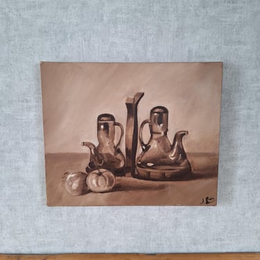 Vintage Still Life Oil Painting Kitchen Art, French Decanter and Apples Canvas, Rustic Neutral Wall Decor, 1970s Signed Original Artwork 