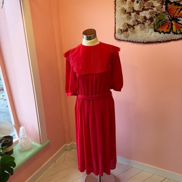 70s Vintage Cherry Red Belted Dress with Collar fits M by cherba