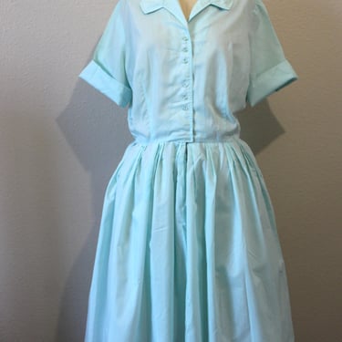 Vintage 1950s Dress Lois Young Cotton Aqua Blue full Skirt Fit Flare Rockabilly Day Dress Shirt Dress // Modern Size US 8 10 12 M/L 