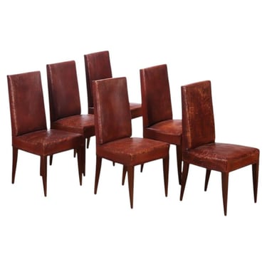 Set of 6 French Wood and Leather Dining Chairs, C. 1940
