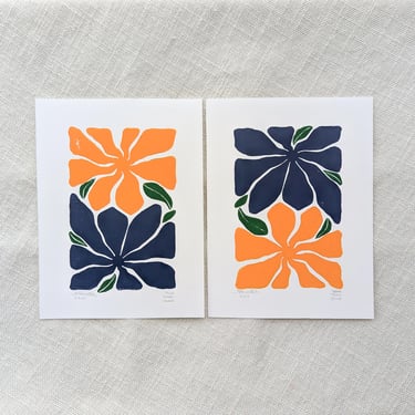 Set of 2 Flower Linocut Print - Navy and Orange - 6x8 inches - Printed by Hand 