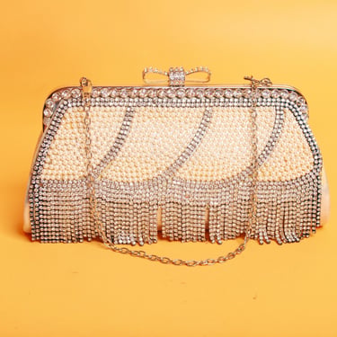 2000s Silver Fringe Pearl Rhinestone Clutch Vintage Evening Metallic Evening Hand Bag Purse 