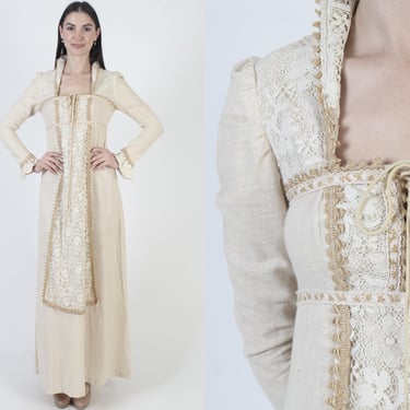 Gunne Sax White Label Dress, Vintage Jute Bridal Gown, Lace Up Corset 