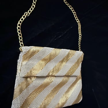 Gold Mesh Statement Purse, Metallic Striped Pattern, Clutch, Chain Handle, Sondra Roberts 