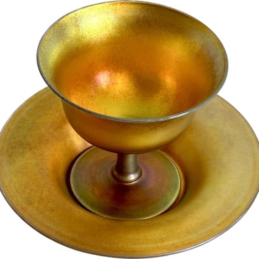 Rare Gold Aurene Frederick Carder for Stuben Footed Glass Bowl w/ Underplate 