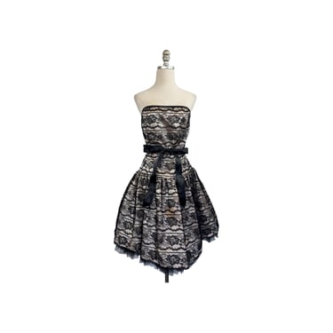 1980s Jessica McClintock for Gunne Sax Black Lace Strapless Dress 