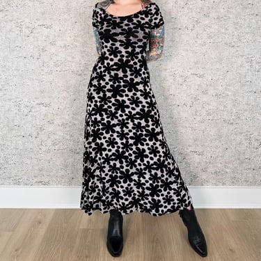 90's Slinky Black and White Floral Print Maxi Dress 