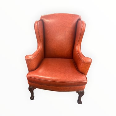 PAIR of Pearson reddish-brown leather wingback chairs, 44.5" h, 33.5" w, 22.5" d