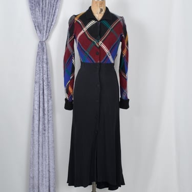 Vintage 1980s Dress / 80s Plaid Knit Mohair Dress / Black ( XS S ) 