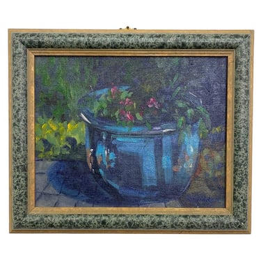 Free shipping within continental US - Likely Original Still Life Oil Painting of Blue Planter with Flowers by R. Glidden, Framed 8