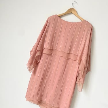 1980s Holly Harp Blush Pink Silk Chiffon Dress – Layered Angel Sleeve Cocktail Dress, M/L Vintage 
