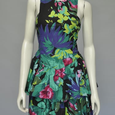 vintage 1980s sleeveless floral cotton tiered mini party dress XS-S 
