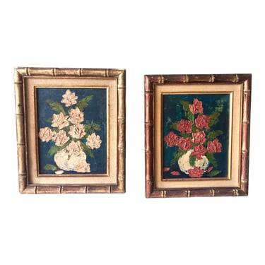 Vintage Original Impasto Poppies Still Life Painting | Faux Bamboo Frame | Botanical Floral Artwork | Gallery Wall Hanging 