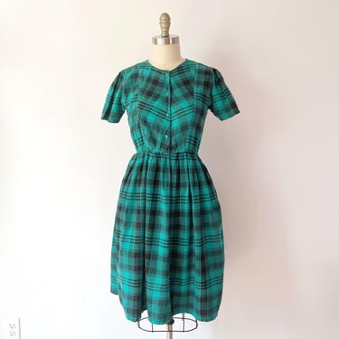 SIZE S 1980s Cotton Plaid Dress, Teal Black Short Sleeve Pocket Elastic Waist 