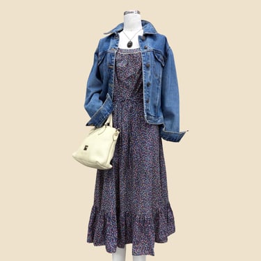 Vintage Floral Dress 1980s Retro Womens + SP Small Petite + SKYR + Cottagecore + Blue Ditsy Florals + Cotton + Waist Tie + Lace + Ruffle Hem 