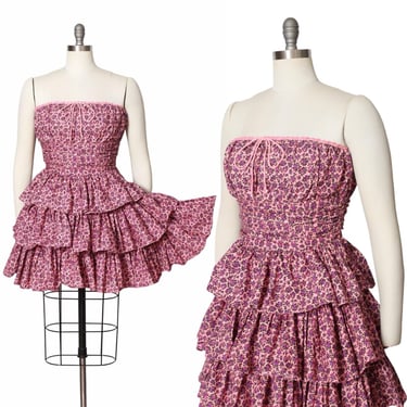 Vintage Y2K BETSEY JOHNSON Dress | 2000s Pink Tiered Ditsy Floral Strapless Mini Sundress | small/medium 