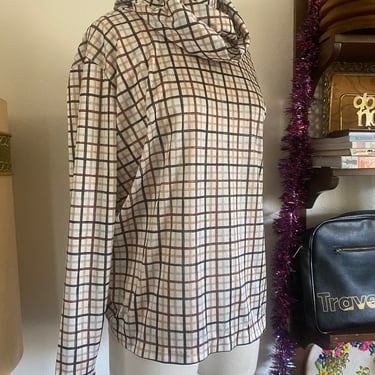 Vintage 70s Semi Sheer Grid Print Neutral Colored Turtleneck Long Sleeve Blouse; 70s Lightweight Mockneck Novelty Fall Turtleneck M L 