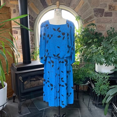Vintage 1980s Blue and Black Abstract Print Polyester Dress Maree' Made in Jamaica, Eighties Silky Office Dress 