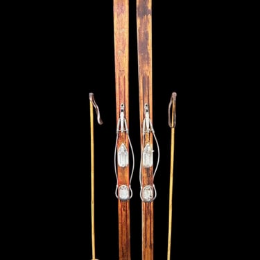 Vintage Wooden Skis with Bamboo Poles – Carl Stoner – Alpine – Lodge Decor Set 