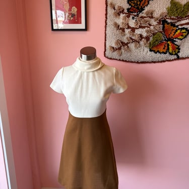 60s Vintage Double Knit Cream and Brown Color Block Mockneck Dress fit M by cherba