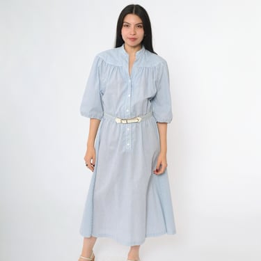 Vintage Blue Striped Shirt Dress 80s Balloon Sleeve Button Up Midi Secretary Shirtdress High Waist 1980s Belted Preppy Day Dress Medium 