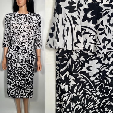 Vintage 80s Black And White Floral Peplum Dress Size S 