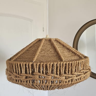 Vintage 1970s Jute Rope Pendant Light- Mid-Century Boho Ceiling Lamp - Rustic Macrame Style Chandalier - Rewired Retro Lightning 