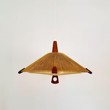 Mid-Century Modern Sisal and Teak Pendant Lamp by Temde | 1960s 