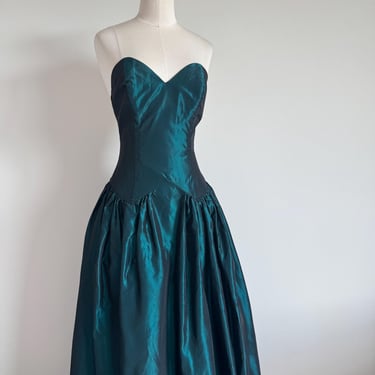 80s Metallic Teal Black Prom Dress Strapless with Ruffled Large Skirt; 90s Mermaid Holiday Cocktail Cupcake Dress Sweetheart Bodice 