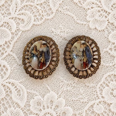 Vintage W Germany Courting Couple Clip On Earrings Gold Tone Filigree Oval Cabochon Victorian Revival 