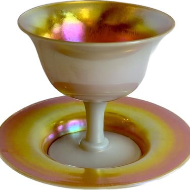 Gold Aurene and Calcite Frederick Carder for Stuben Footed Glass Bowl w/ Underplate 