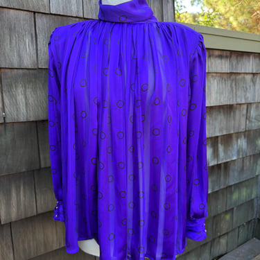 Vintage Bellino sheer blouse purple stripes with black circles print Sz M/L. 