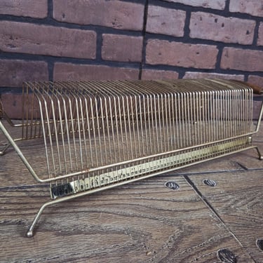 Mid Century MCM Brass Wire Record Holder with Wood Handles 