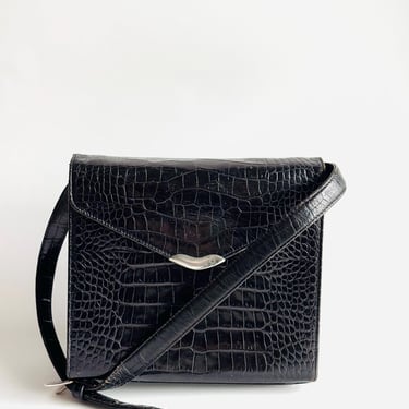 Vintage Ralph Lauren black croc embossed leather flap clutch or shoulder bag purse w sterling silver hardware 