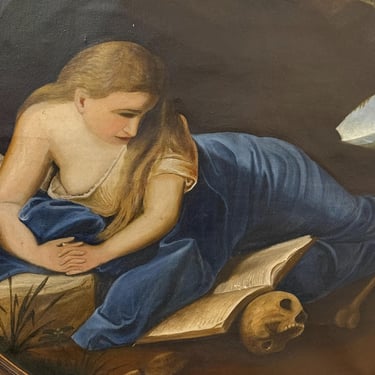 1930s Penitent Magdalene Oil Painting Signed J. De Boeck After Batoni | Memento Mori Skull & Bones | European Art | Dark Academia 