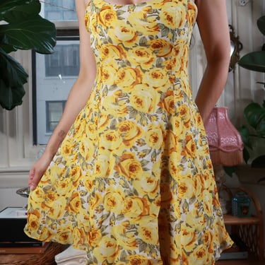 Vintage 90s Betsey Johnson Yellow Rose Floral Fit & Flare Mini Dress