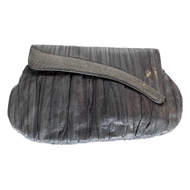 Vintage Eel Snake Leather Gray Pleated Clutch, 80s Eel Skin Leather Shoulder and Clutch, Large Gray Clutch, Snap Closure Purse 