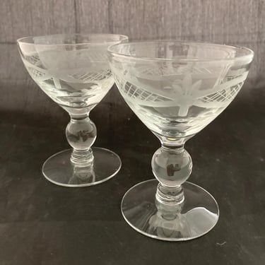 Set of 2 Vintage McBride Etched 3OZ Cordial Sherry Port Amaro Liquor Cocktail Glasses 